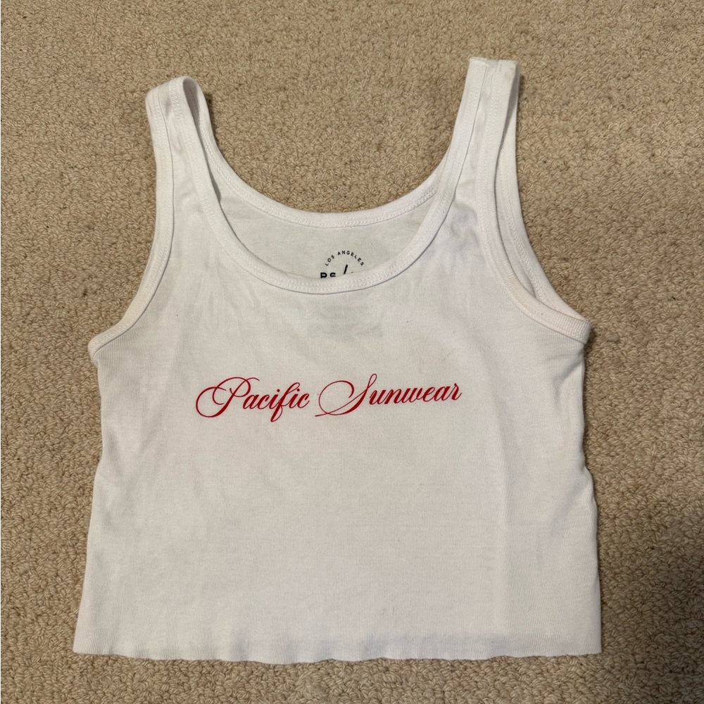 Pacific Sunwear White and Red Fitted Crop Tank Top